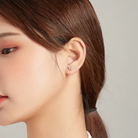 Pandora Style Two Tone Bicolor Lucky Grass And Butterflies Stud Earrings - SCE1008