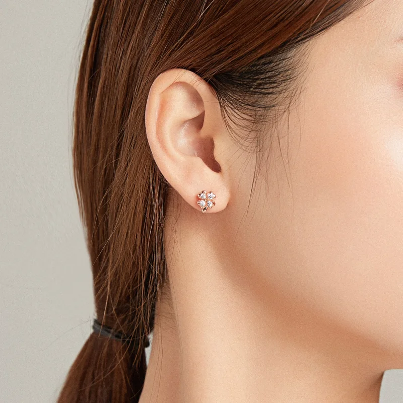 (image for) Pandora Style Two Tone Bicolor Lucky Grass And Butterflies Stud Earrings - SCE10 - View 8