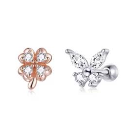 Pandora Style Two Tone Bicolor Lucky Grass And Butterflies Stud Earrings - SCE1008 Pandora Style Two Tone Bicolor Lucky Grass And Butterflies Stud Earrings - SCE1008