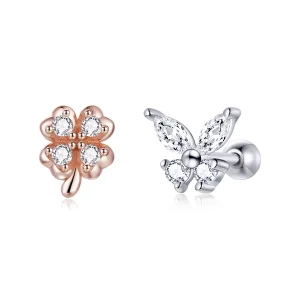 (image for) Pandora Style Two Tone Bicolor Lucky Grass And Butterflies Stud Earrings - SCE1008