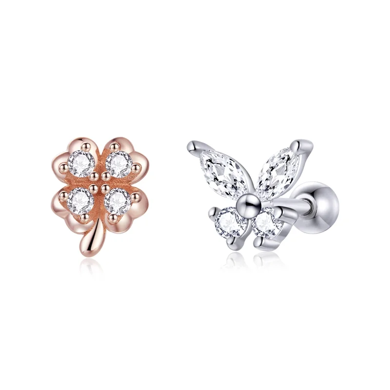 (image for) Pandora Style Two Tone Bicolor Lucky Grass And Butterflies Stud Earrings - SCE1008 - Product Image