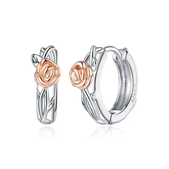 Pandora Style Two Tone Bicolor Rose Vine Hoop Earrings - SCE971