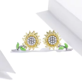Pandora Style Two Tone Bicolor Sunflower Stud Earrings - SCE919