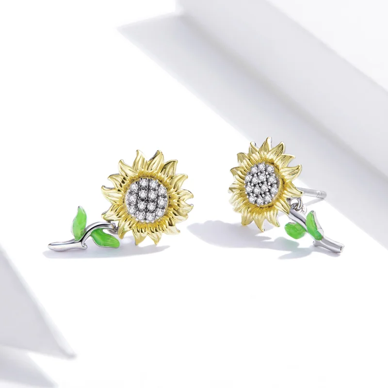 (image for) Pandora Style Two Tone Bicolor Sunflower Stud Earrings - SCE919 - View 3