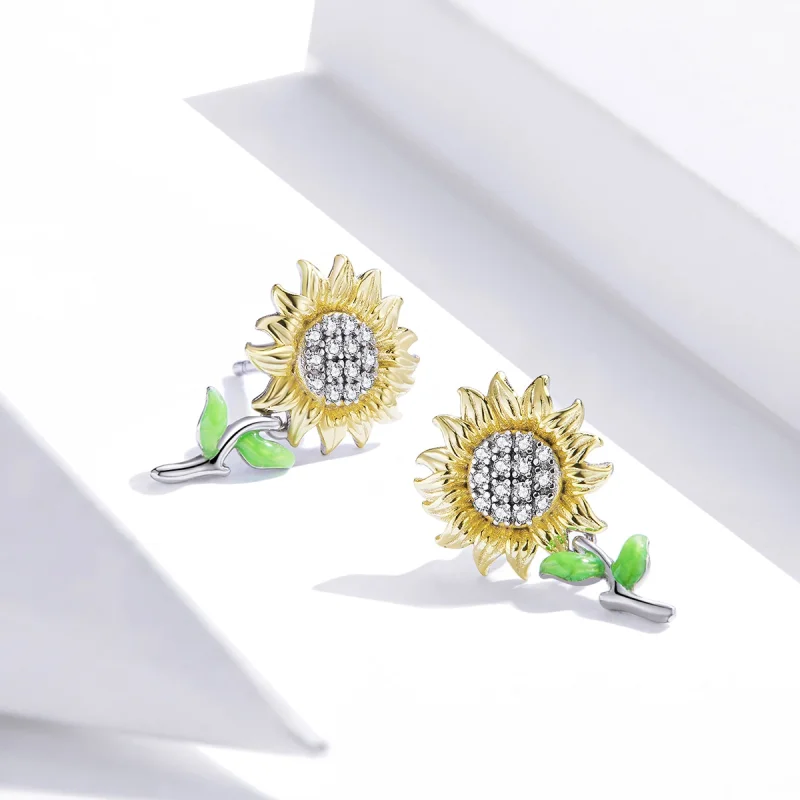 (image for) Pandora Style Two Tone Bicolor Sunflower Stud Earrings - SCE919 - View 4