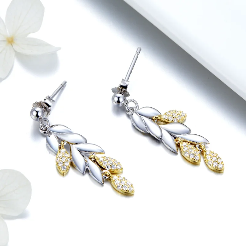 (image for) Pandora Style Two Tone Bicolor Two-Color Wheat Spike Dangle Earrings - BSE025 - View 4