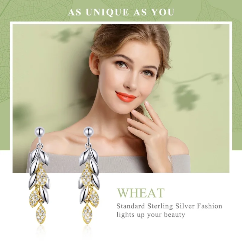 (image for) Pandora Style Two Tone Bicolor Two-Color Wheat Spike Dangle Earrings - BSE025 - View 6
