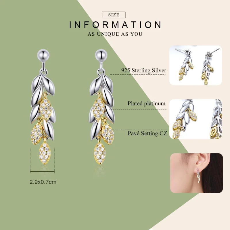 (image for) Pandora Style Two Tone Bicolor Two-Color Wheat Spike Dangle Earrings - BSE025 - View 7