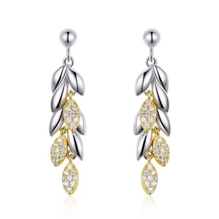 Pandora Style Two Tone Bicolor Two-Color Wheat Spike Dangle Earrings - BSE025