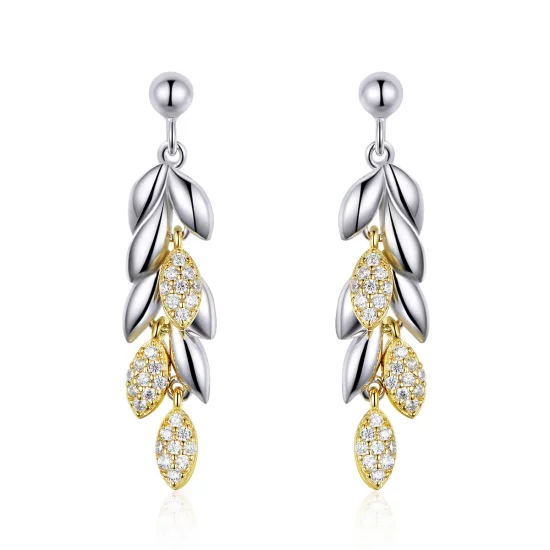 Pandora Style Two Tone Bicolor Two-Color Wheat Spike Dangle Earrings - BSE025