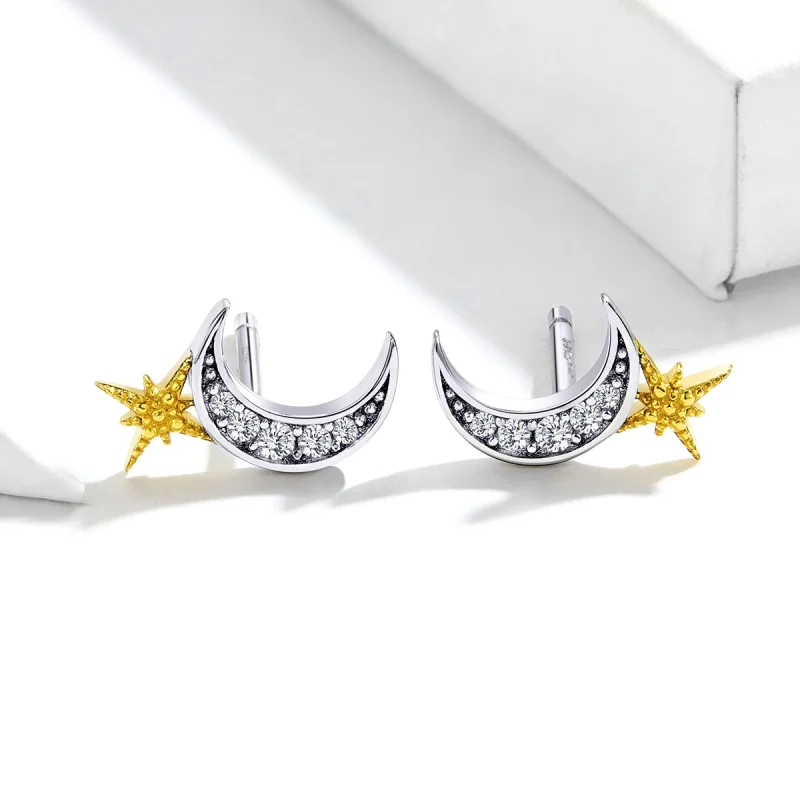 (image for) Pandora Style Two Tone Lunar Light Stud Earrings - SCE729 - View 3