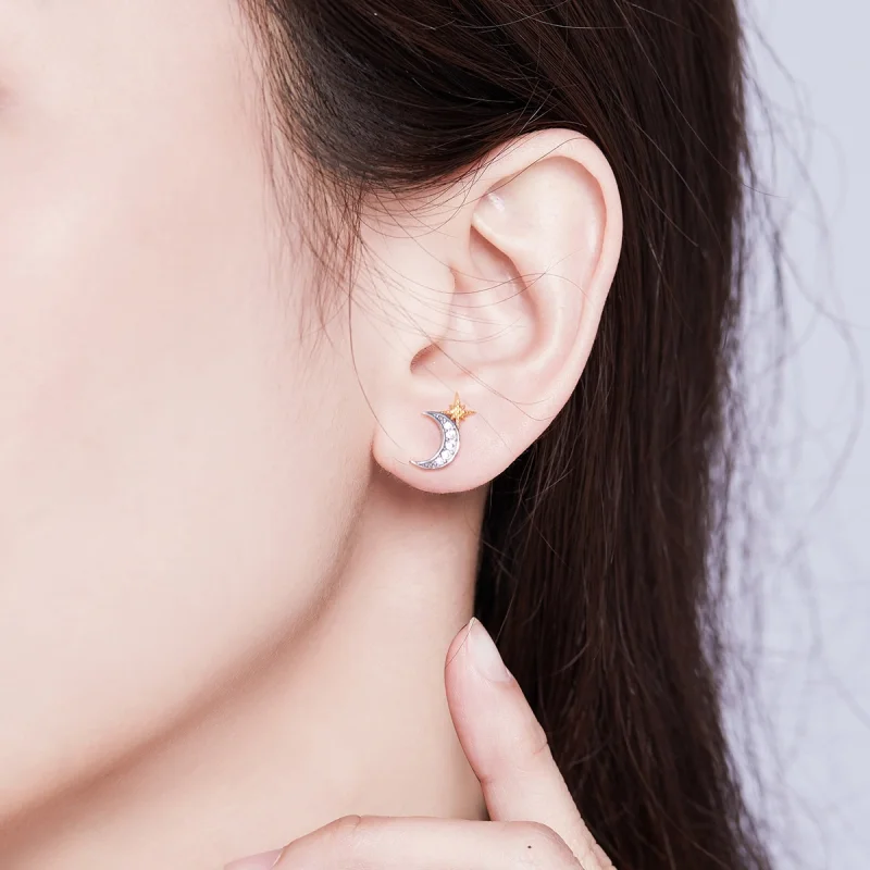 (image for) Pandora Style Two Tone Lunar Light Stud Earrings - SCE729 - View 6