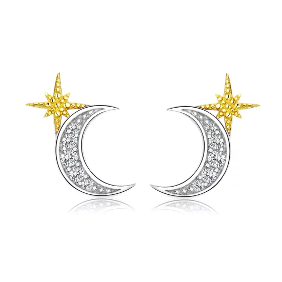 Pandora Style Two Tone Lunar Light Stud Earrings - SCE729