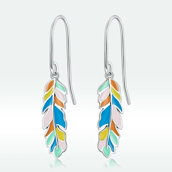 Pandora Style Colored Feathers Hanging Earrings - SCE1398