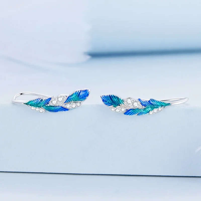 (image for) Pandora Style Dazzling Blue Feather Hanging Earrings - BSE707 - View 2