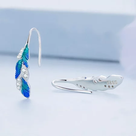 Pandora Style Dazzling Blue Feather Hanging Earrings - BSE707