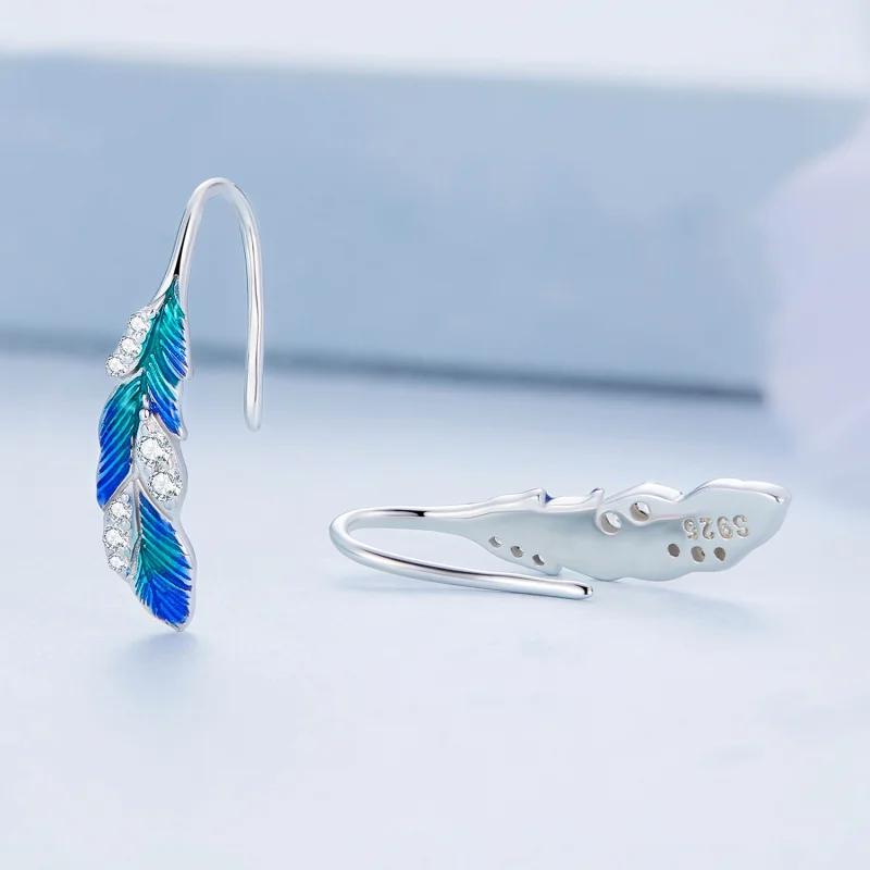 (image for) Pandora Style Dazzling Blue Feather Hanging Earrings - BSE707 - View 3