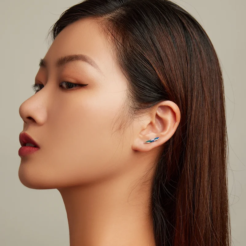 (image for) Pandora Style Dazzling Blue Feather Hanging Earrings - BSE707 - View 6