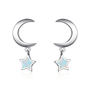 (image for) Pandora Style Moon and Star Opal Hanging Earrings - SCE707