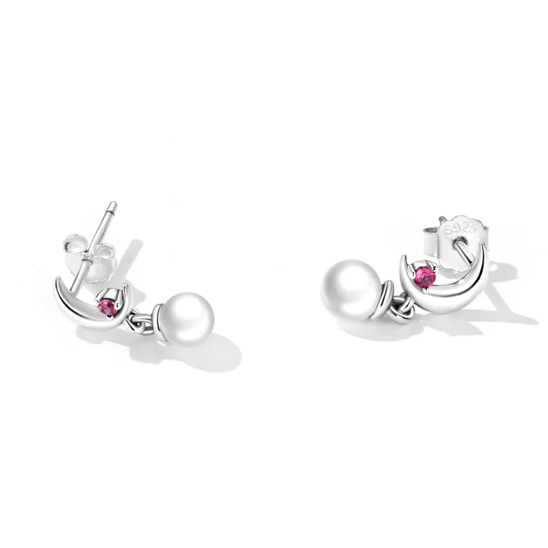 (image for) Pandora Style Pearl Moon Hanging Earrings - SCE1430 - View 2