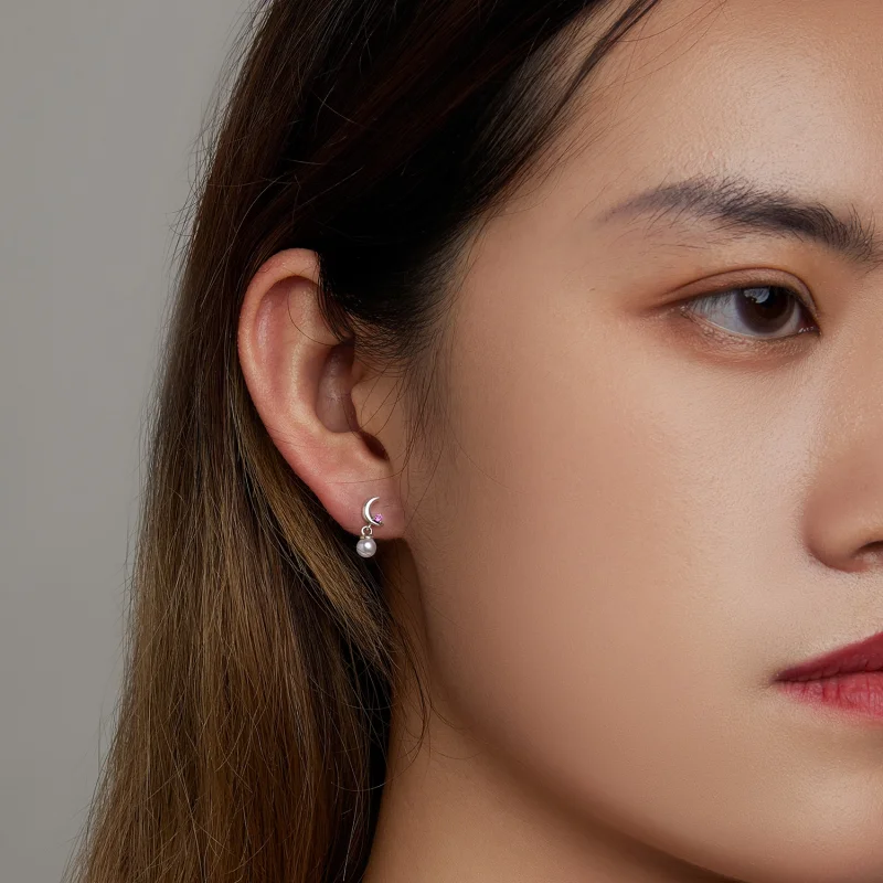 (image for) Pandora Style Pearl Moon Hanging Earrings - SCE1430 - View 6