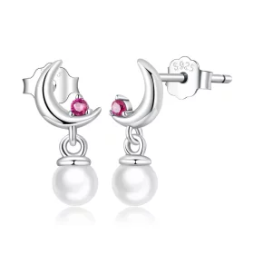 Pandora Style Pearl Moon Hanging Earrings - SCE1430