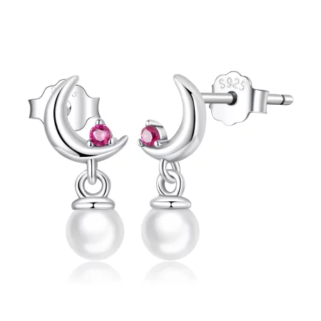 Pandora Style Pearl Moon Hanging Earrings - SCE1430