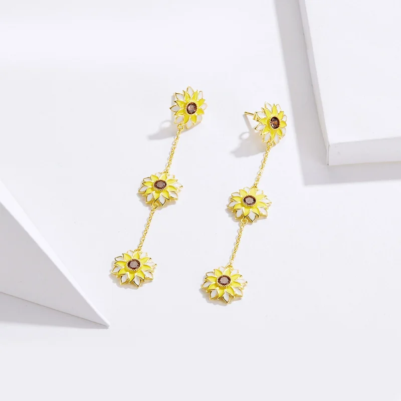 (image for) Pandora Style Sun Flower Hanging Earrings - BSE187 - View 2