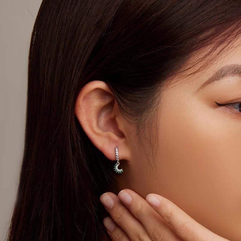 (image for) Pandora Style Asymmetrical Sun and Moon Hoop Earrings - BSE705 - View 5