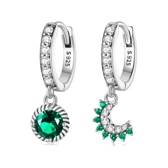 Pandora Style Asymmetrical Sun and Moon Hoop Earrings - BSE705