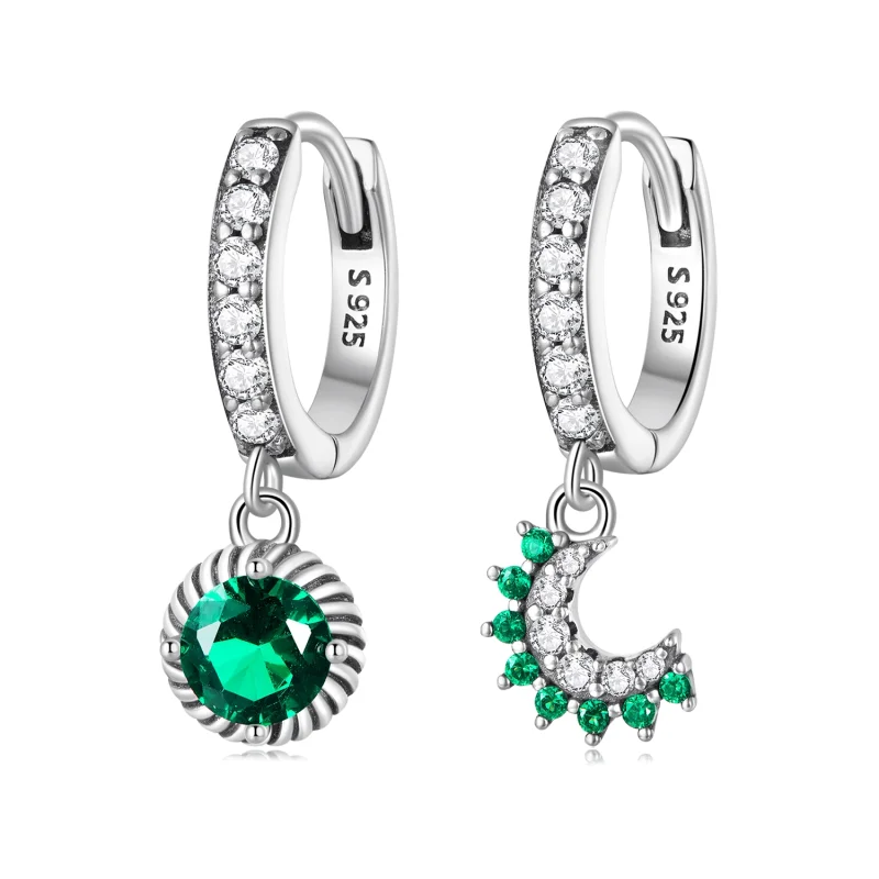 (image for) Pandora Style Asymmetrical Sun and Moon Hoop Earrings - BSE705 - Product Image