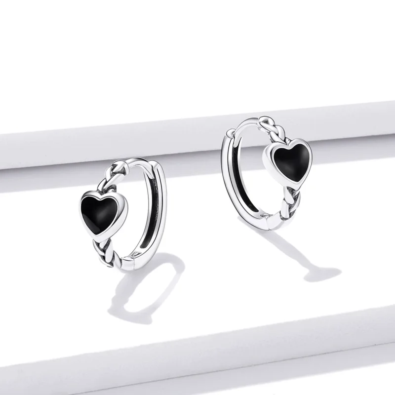 (image for) Pandora Style Black Heart Hoop Earrings - BSE456 - View 2