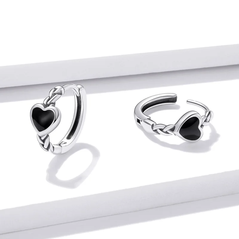 (image for) Pandora Style Black Heart Hoop Earrings - BSE456 - View 3