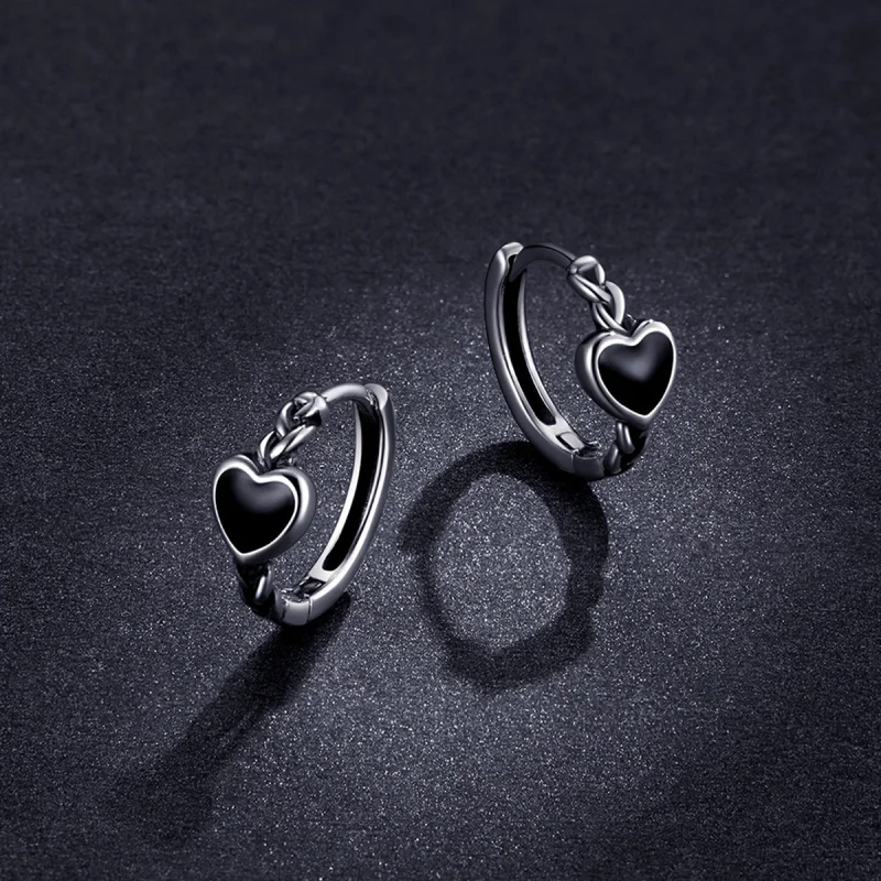 (image for) Pandora Style Black Heart Hoop Earrings - BSE456 - View 4