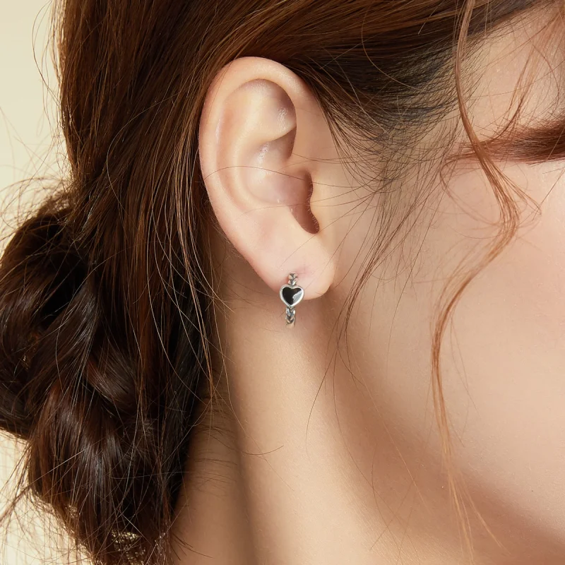 (image for) Pandora Style Black Heart Hoop Earrings - BSE456 - View 5