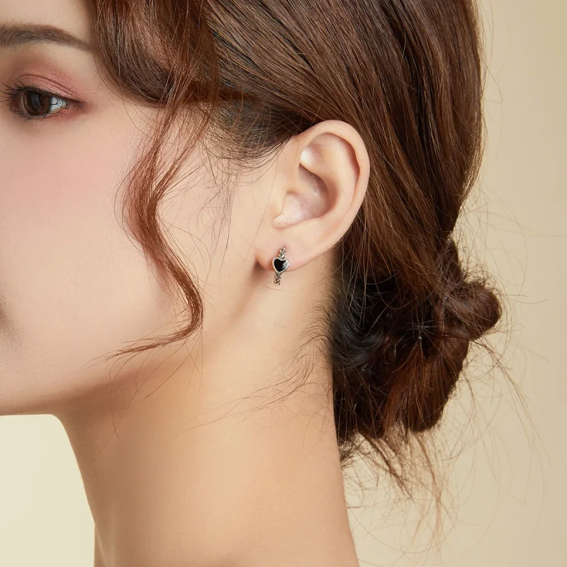 (image for) Pandora Style Black Heart Hoop Earrings - BSE456 - View 6