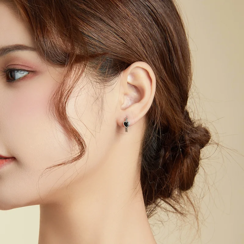 (image for) Pandora Style Black Heart Hoop Earrings - BSE456 - View 7