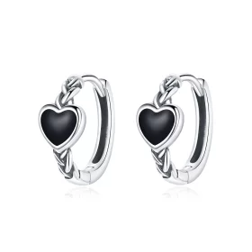 Pandora Style Black Heart Hoop Earrings - BSE456