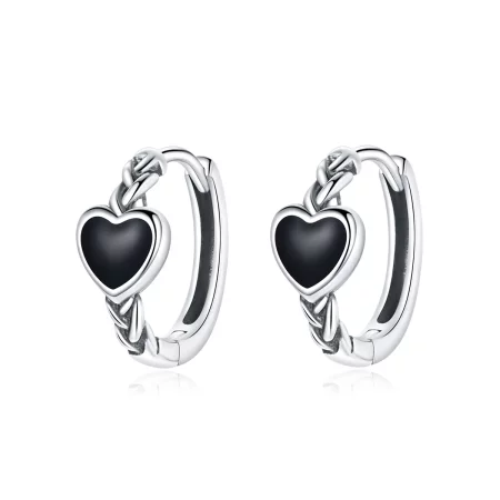 Pandora Style Black Heart Hoop Earrings - BSE456