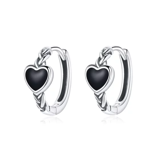 Pandora Style Black Heart Hoop Earrings - BSE456