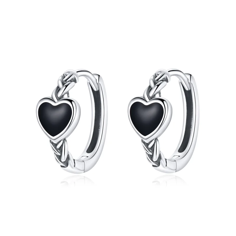 (image for) Pandora Style Black Heart Hoop Earrings - BSE456 - Product Image