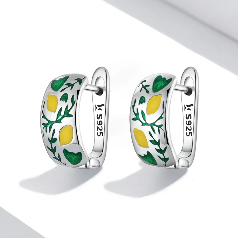 (image for) Pandora Style Green Leaf Lemon Hoop Earrings - SCE1376 - View 2