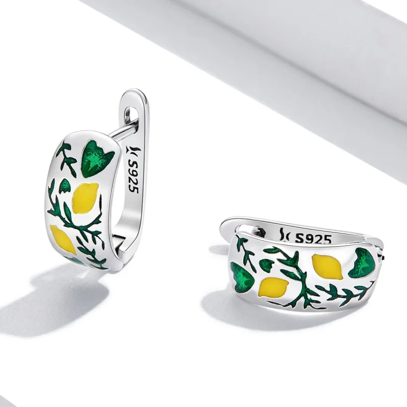 (image for) Pandora Style Green Leaf Lemon Hoop Earrings - SCE1376 - View 3