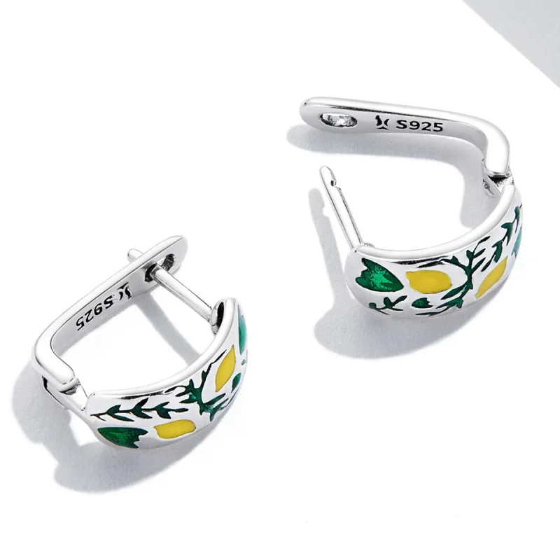 (image for) Pandora Style Green Leaf Lemon Hoop Earrings - SCE1376 - View 4