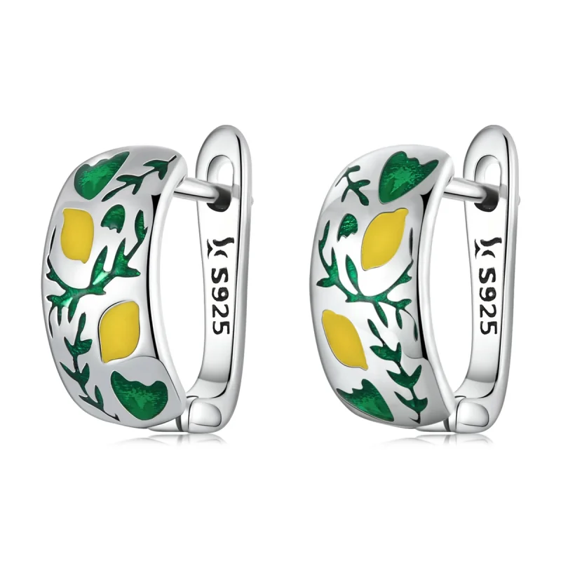 (image for) Pandora Style Green Leaf Lemon Hoop Earrings - SCE1376 - Product Image