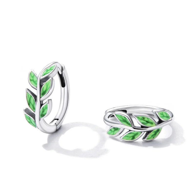 (image for) Pandora Style Green Leaves Hoop Earrings - SCE1392 - View 2