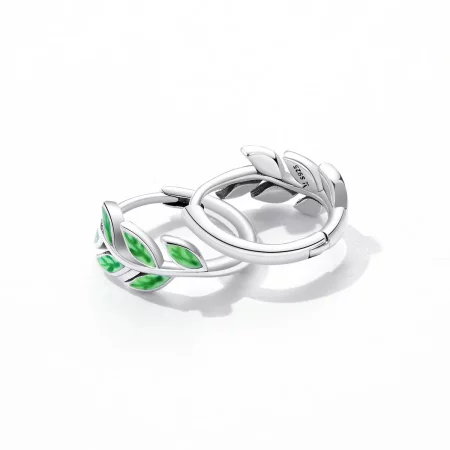 Pandora Style Green Leaves Hoop Earrings - SCE1392