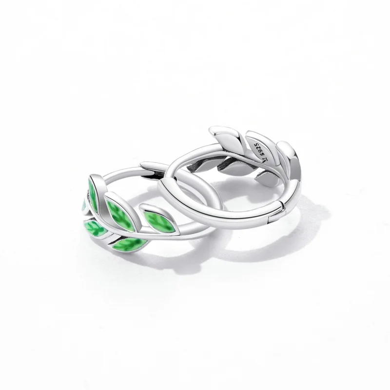 (image for) Pandora Style Green Leaves Hoop Earrings - SCE1392 - View 3