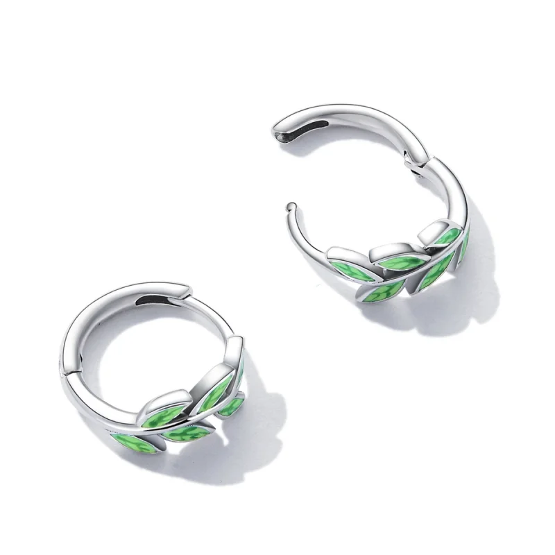 (image for) Pandora Style Green Leaves Hoop Earrings - SCE1392 - View 4