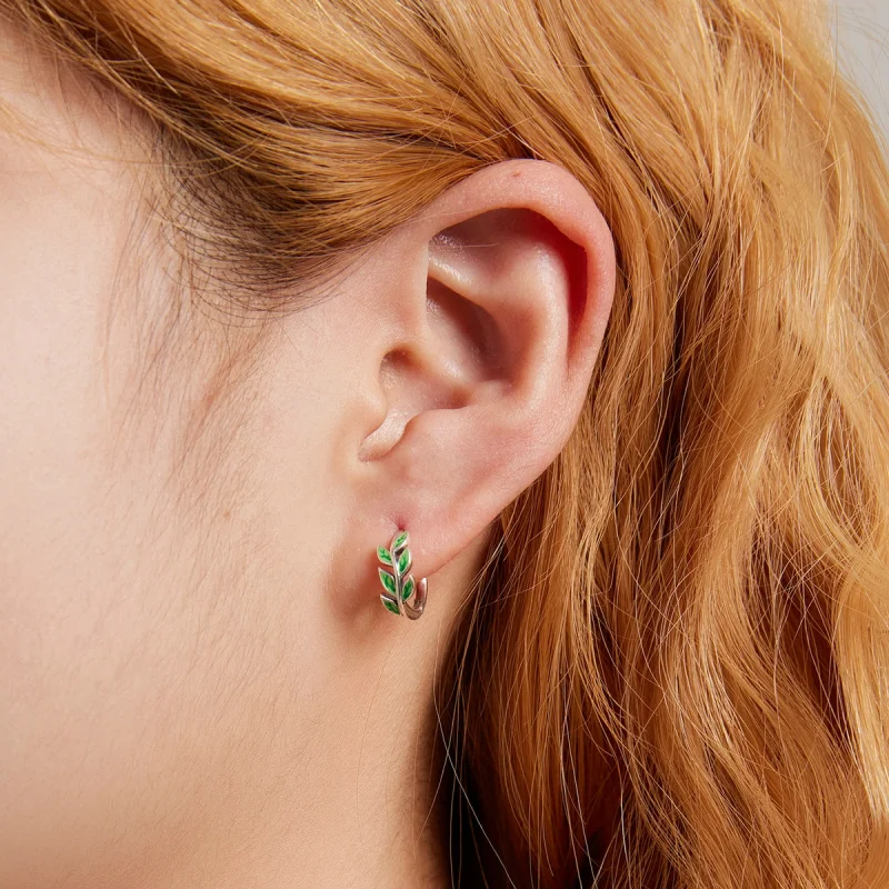 (image for) Pandora Style Green Leaves Hoop Earrings - SCE1392 - View 5